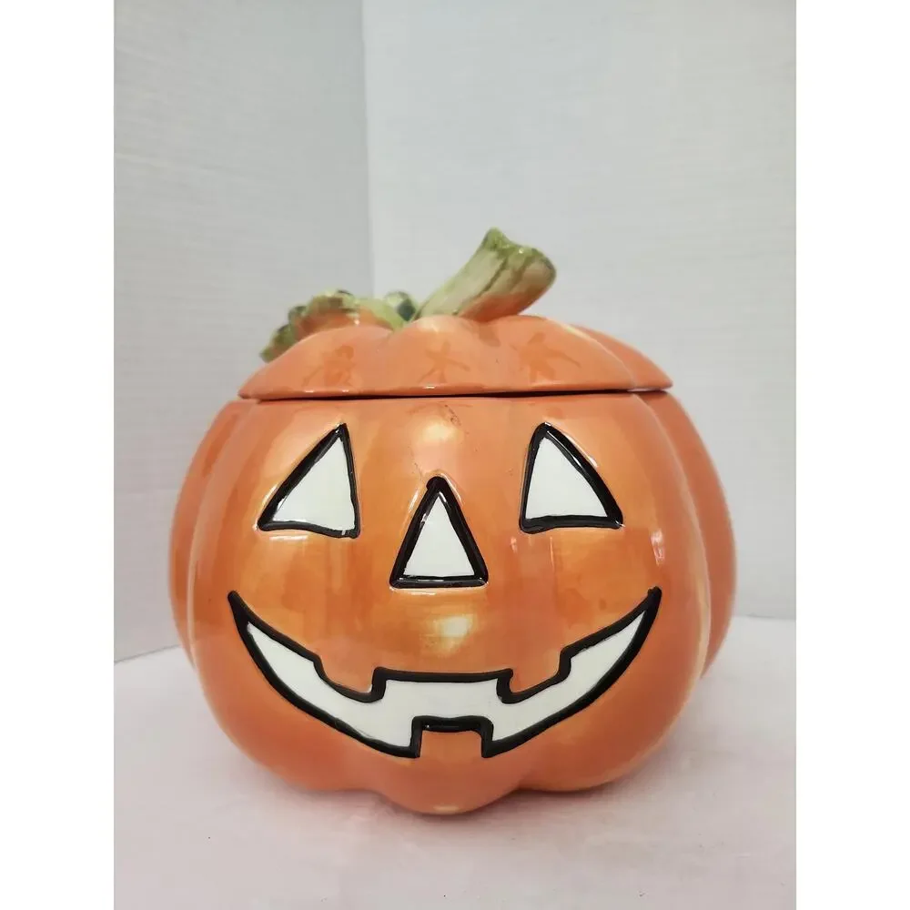 David's Cookies Halloween Pumpkin Ceramic Cookie Jar Jack O Lantern 2 Sided